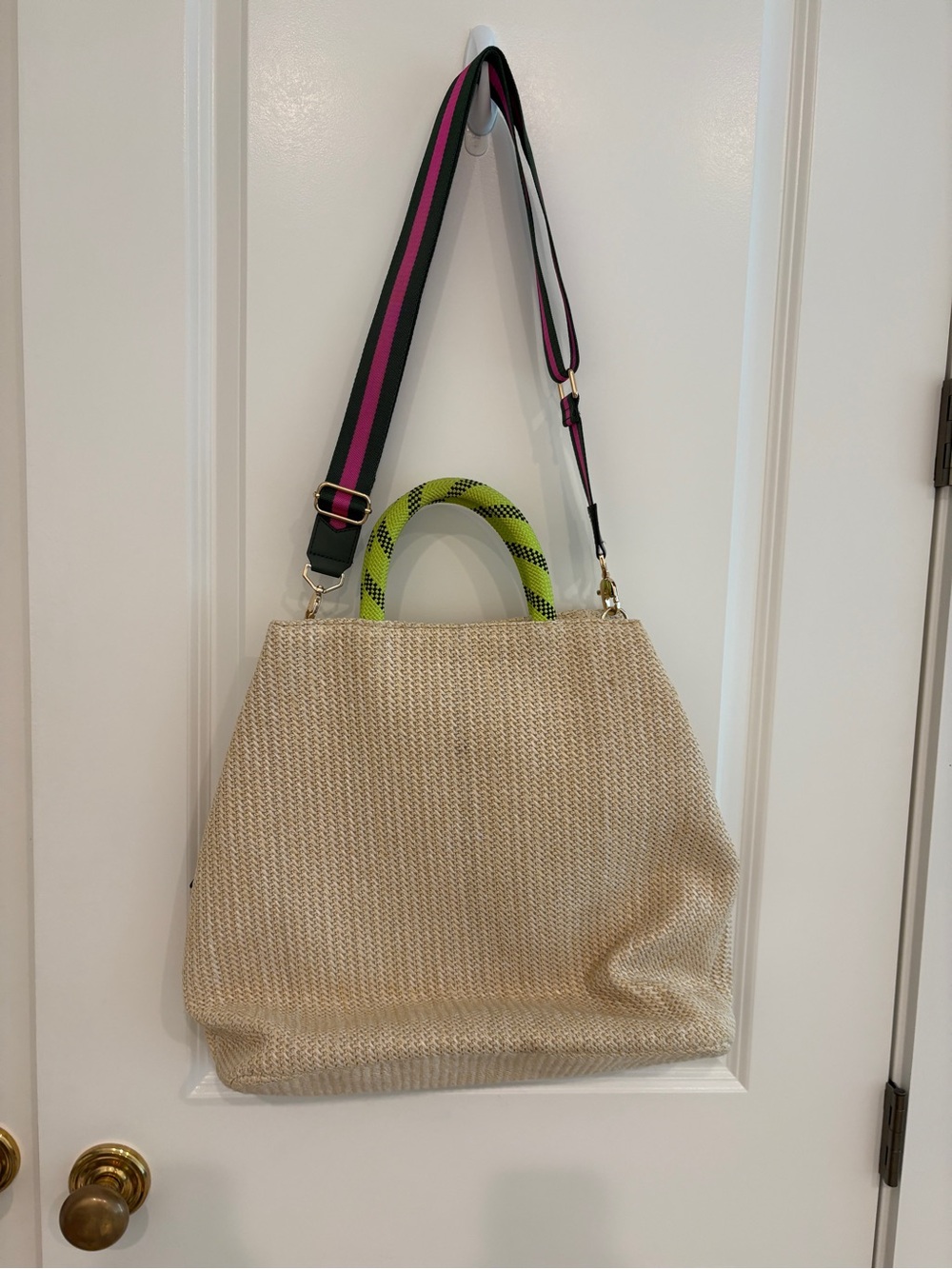 Stella & Dot Woven Straw Tote with Pink & green Stripe - Picture 2 of 3